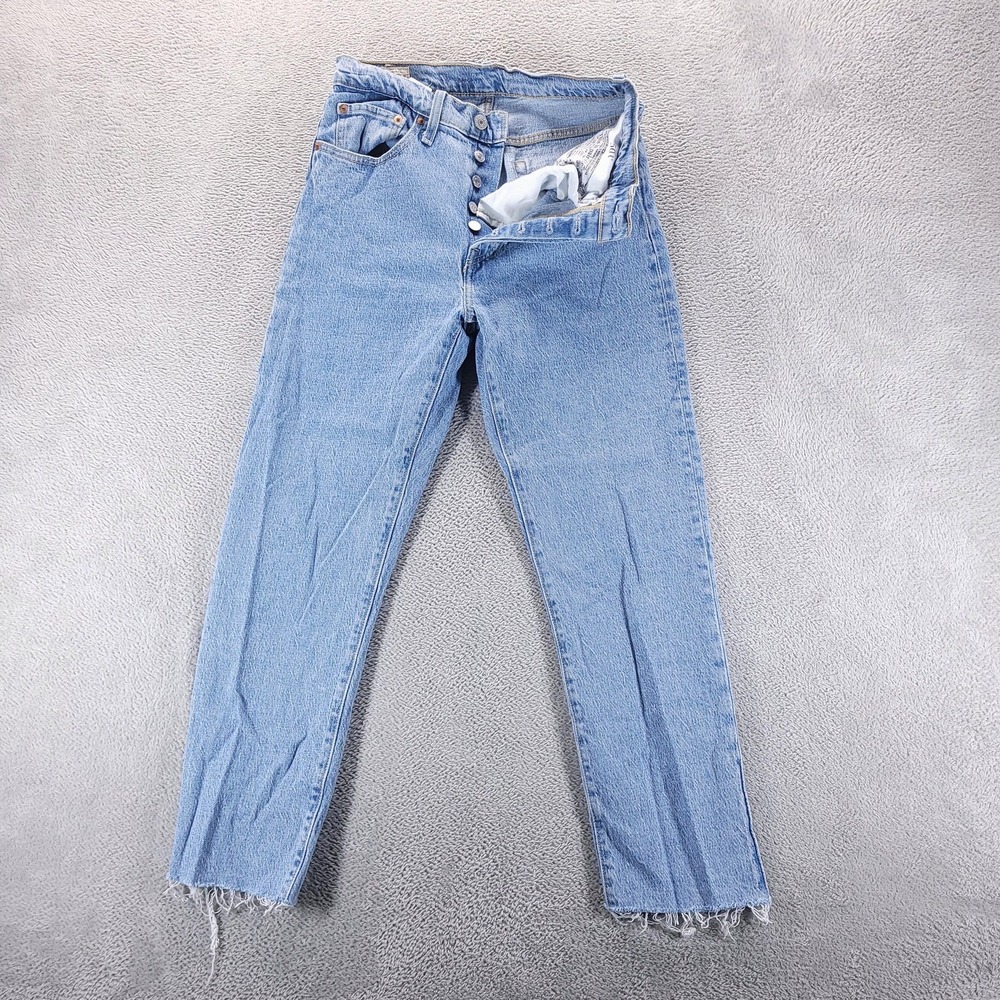 Levis 501 Jeans Womens 27 Blue High Rise Straight Light Wash Raw Hem Button Fly‎